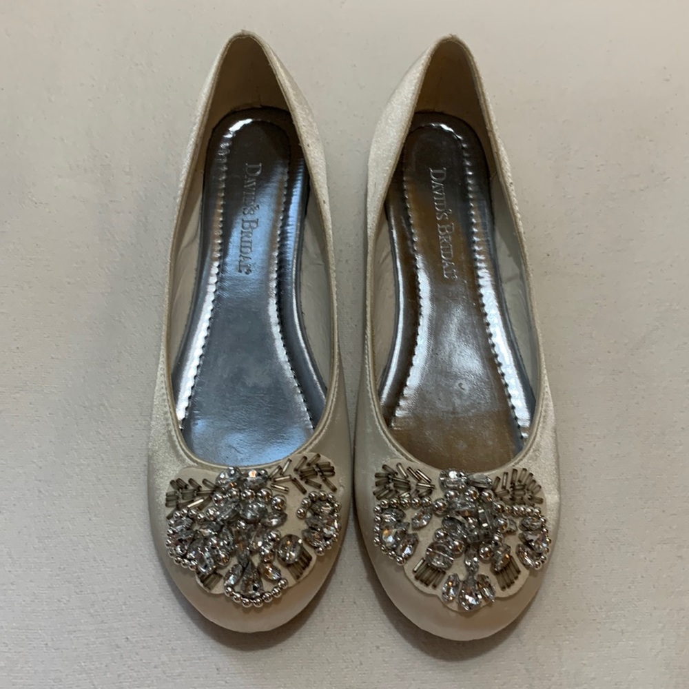 David’s Bridal embellished satin ballet flats. Comfortable!